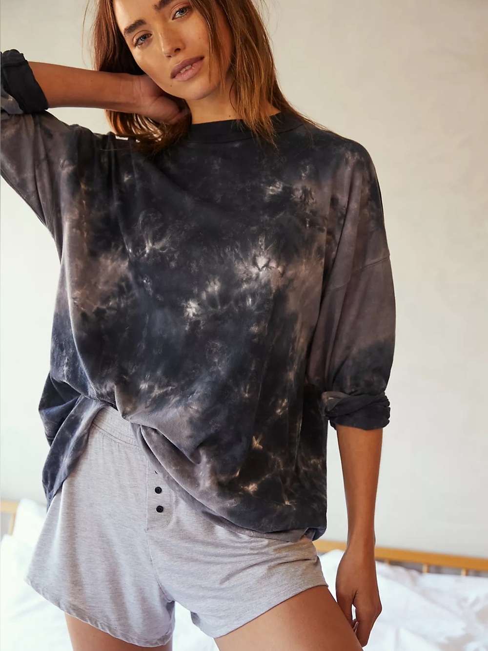 Free People We The Free Charcoal Ash Tie Dye Long Sleeve Cotton Oversized Tee S